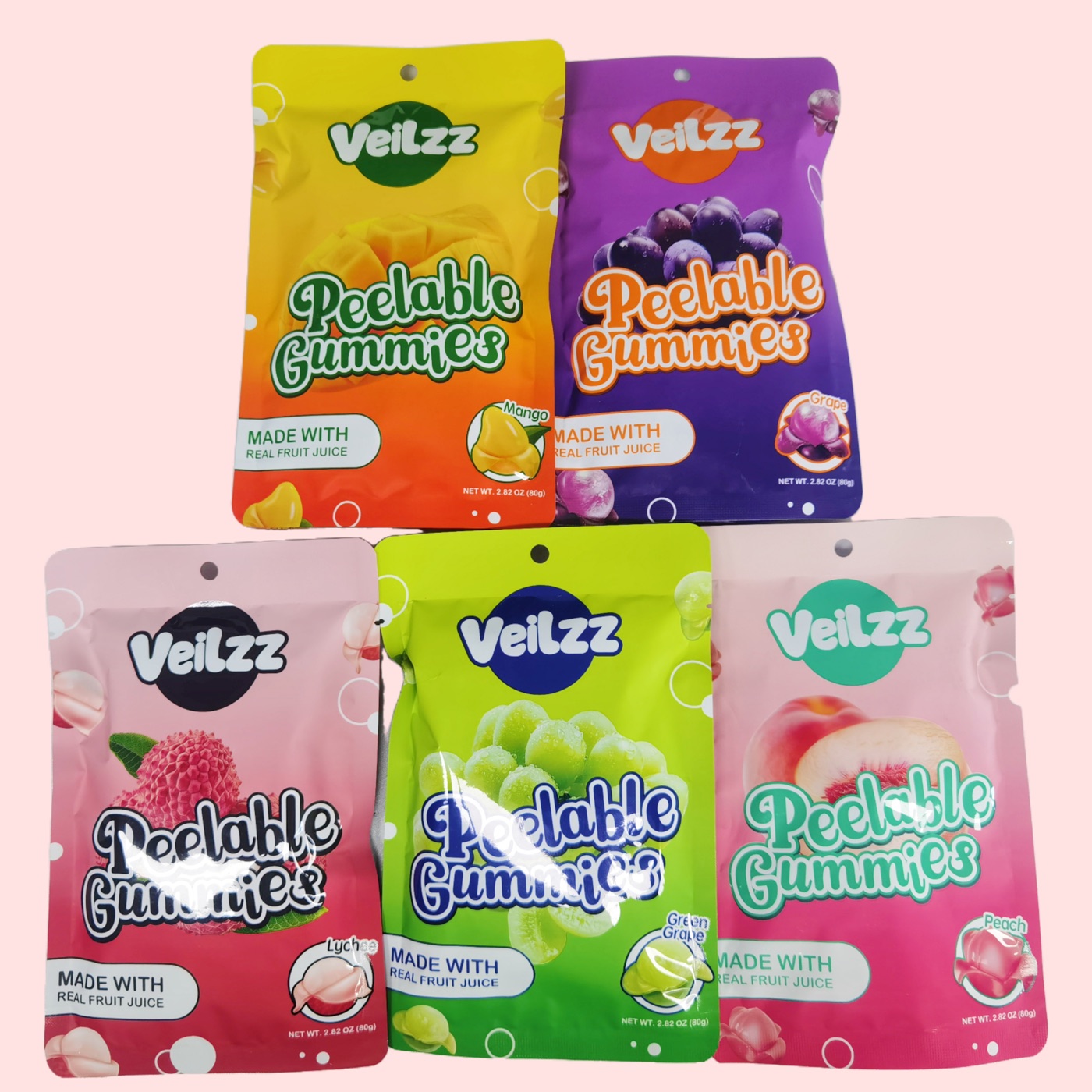 Peelable gummies private label candy pouches in mango, grape, lychee, green grape and peach flavors